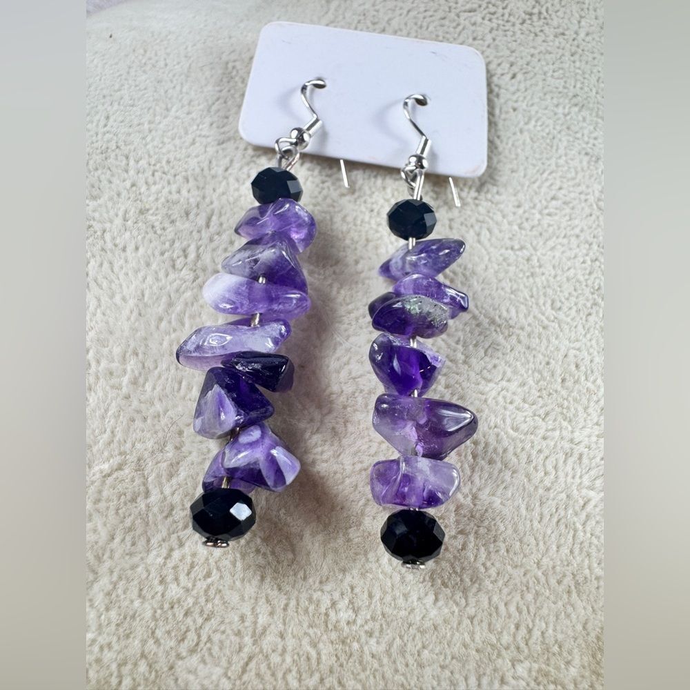 Amethyst and Black Stone Drop Earrings